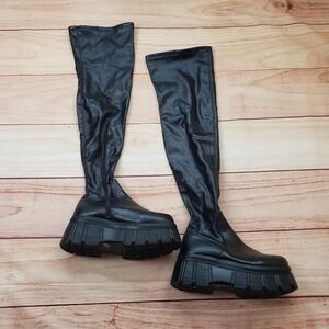 Platform Boots Womens Size 8 Black Thigh High Chunky Block Heel Zip Lug Sole